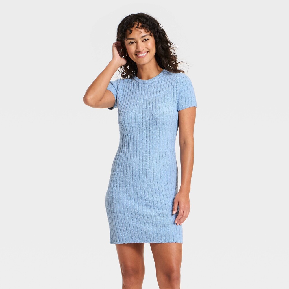 Women's Short Sleeve Rib Mini Sweater Dress - Universal Thread™ Blue M